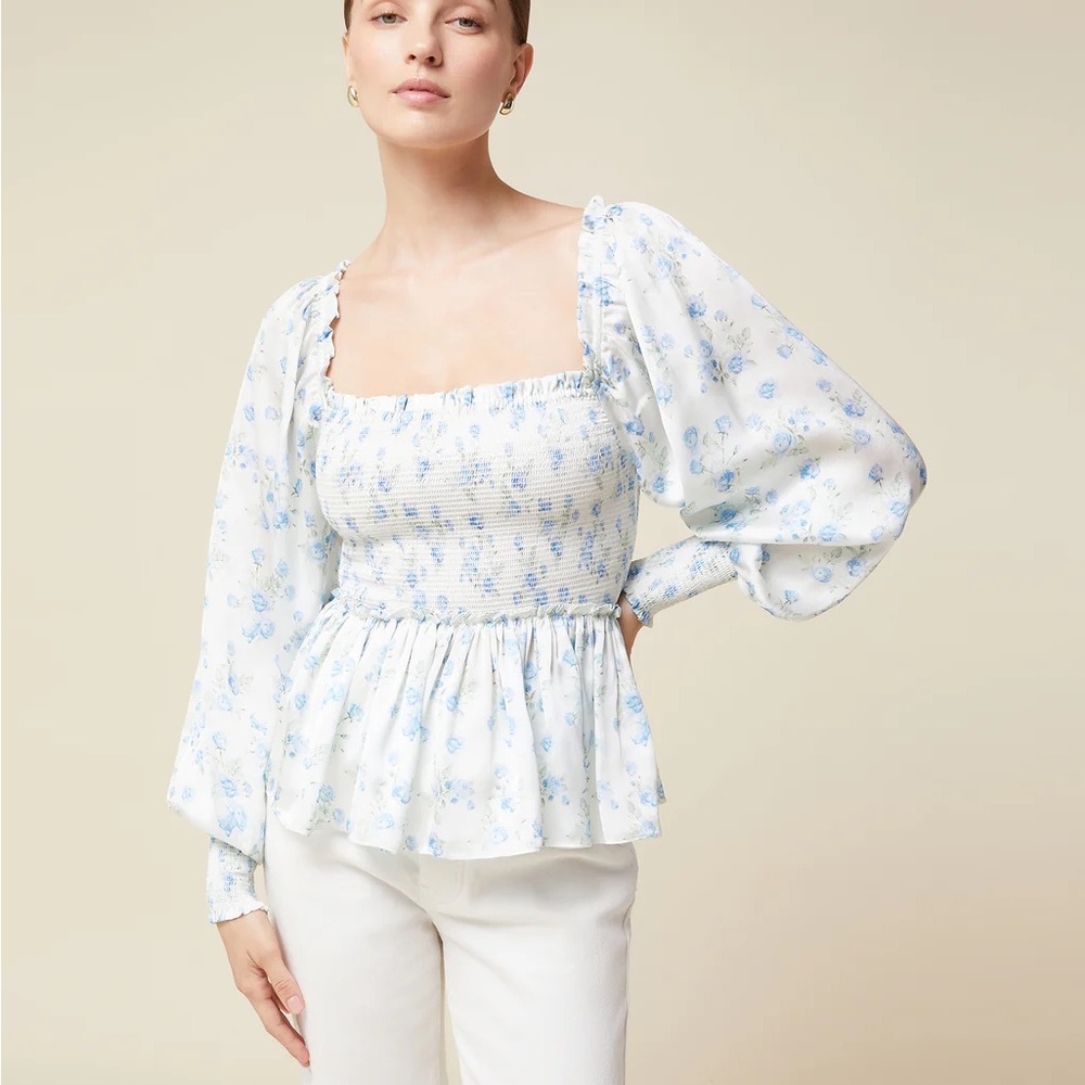 Smocked Blouse - Floral Blue and White Women's Top